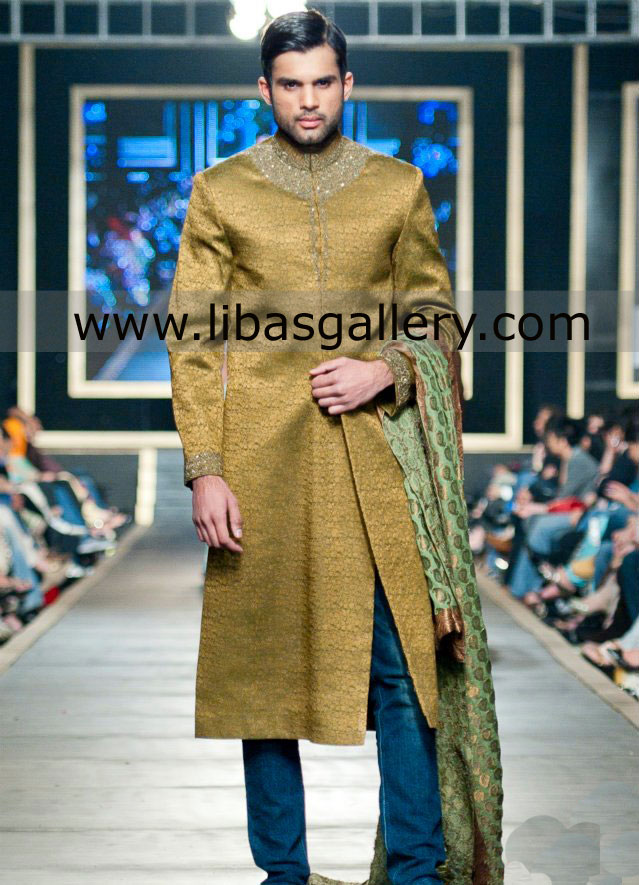 Golden Groom Wedding Jamawar Sherwani Magnificent Hand work