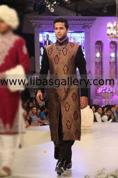 Stylish Dual color jamawar Groom wedding sherwani