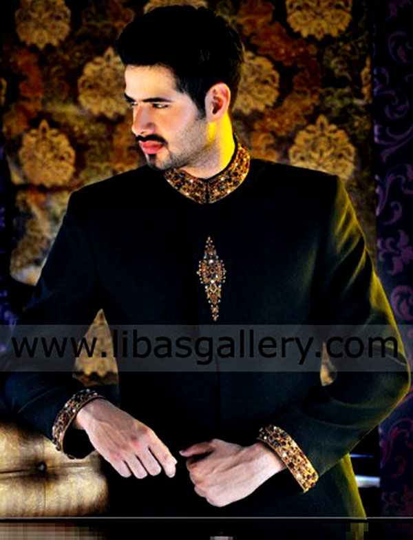 Traditional Black Wedding Sherwani Antique work on collar cuff and front