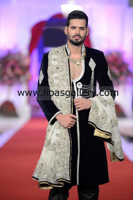Black U shape neck wedding sherwani white embroidery for groom