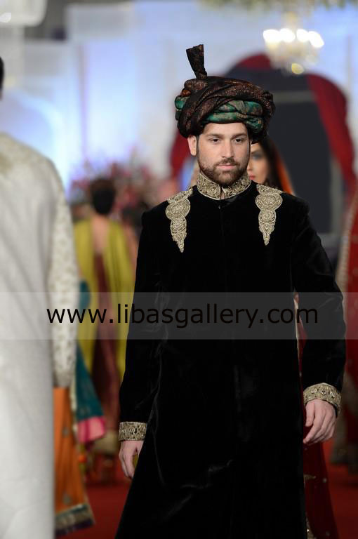 Black Velvet Wedding Sherwani banarsi gold work