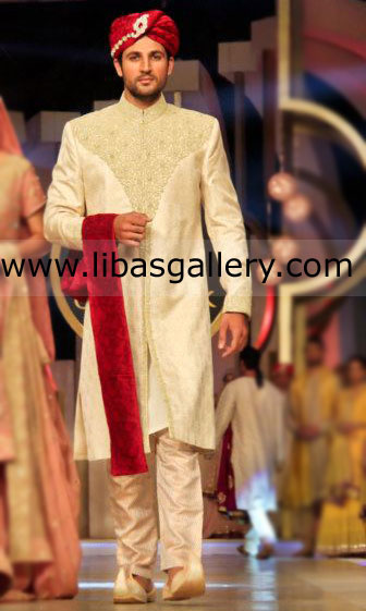 Cream Embellished Sherwani for loving Groom Dulha
