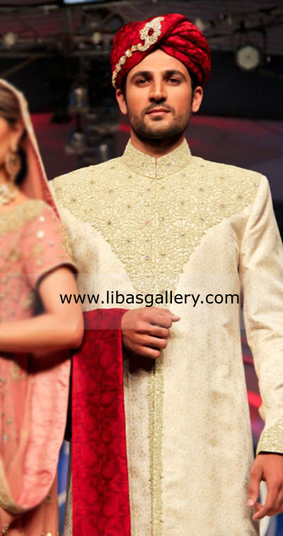 Cream Embellished Sherwani for loving Groom Dulha