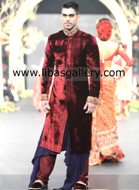 Maroon Imported Quality Velvet Groom Sherwani Jacket primrose