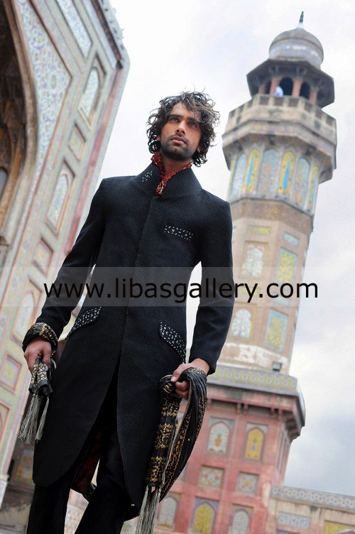 slim fit groom black sherwani jacket front 3 pocket for mehndi dinner party Glasgow Manchester UK