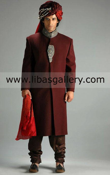 Pakistani Groom Sherwani Gray Silver work