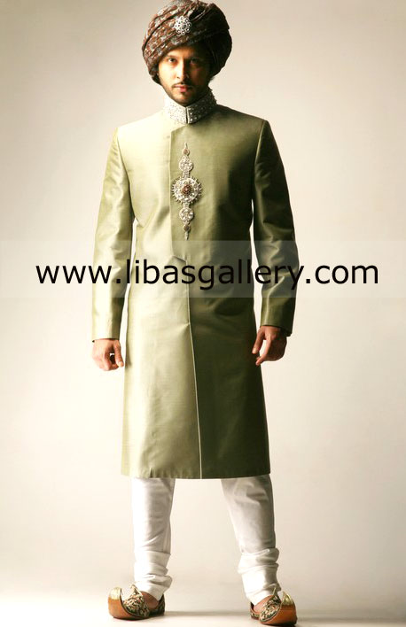 Angrakha Style Green Apple Wedding Sherwani