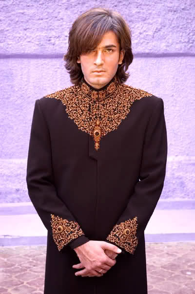 Pakistani Designer Black sherwani antique gold embellishment
