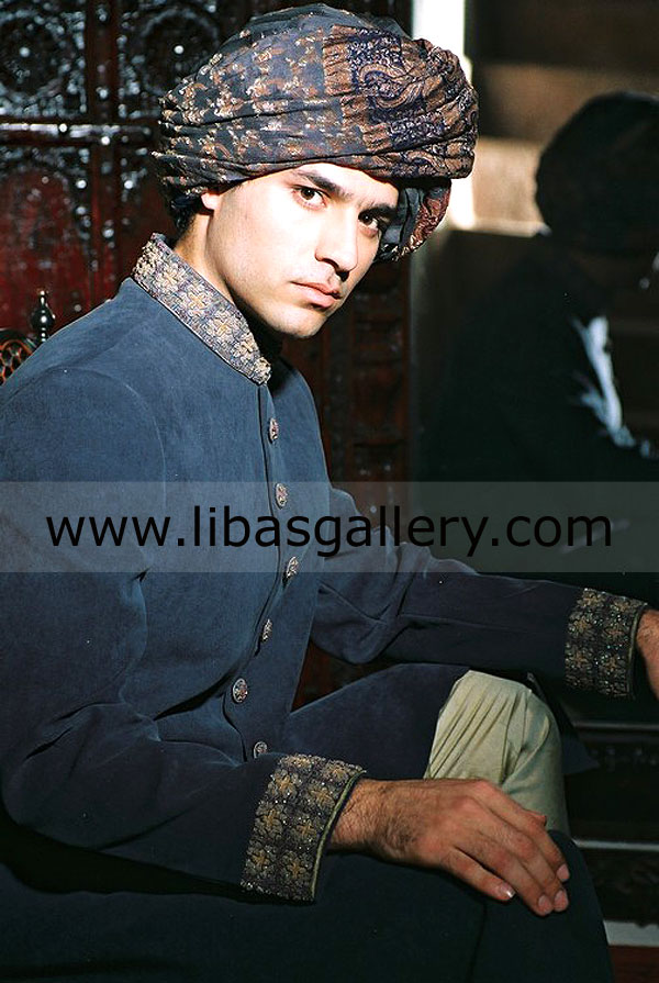 Shop Designer mens sherwani for wedding and bridegroom traditional sherwani groom sherwani turbans khussa, kurta pajama emroidered kurta design online in india, uk, usa, canada, australia