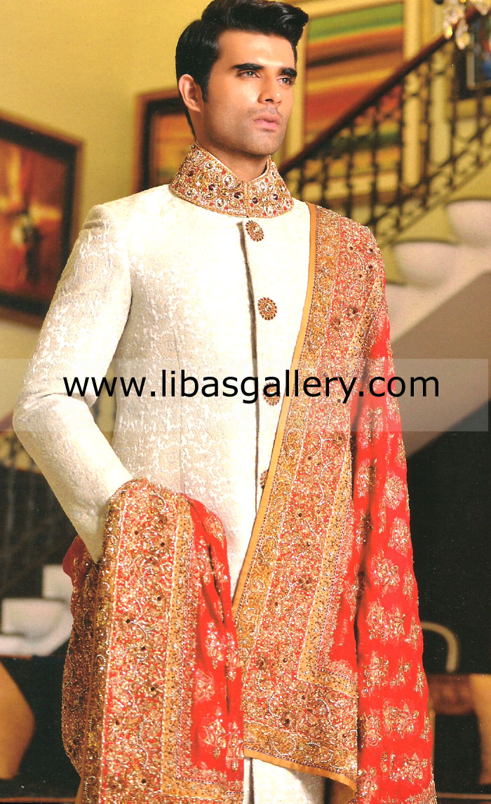 off white karandi groom wedding sherwani hand work on collar fancy buttons UK USA Canada off white karandi groom wedding sherwani hand work on collar fancy buttons UK USA Canada