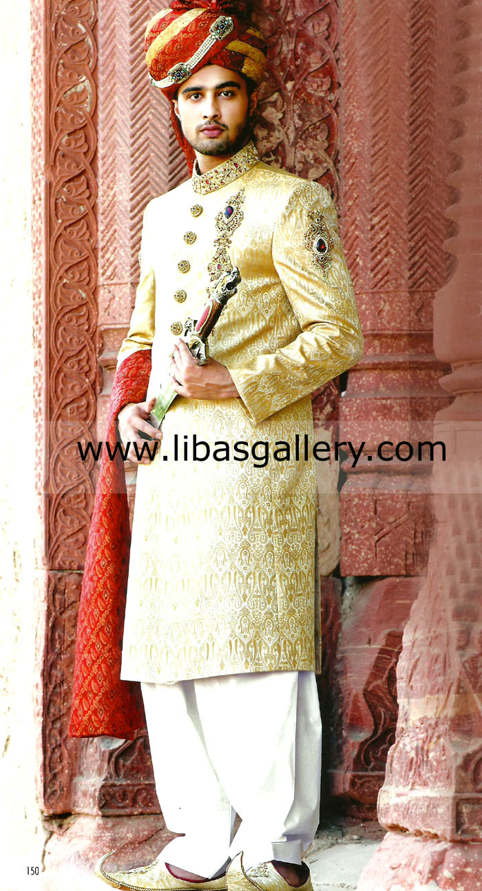 Lemon Embroidered Wedding Sherwani Design