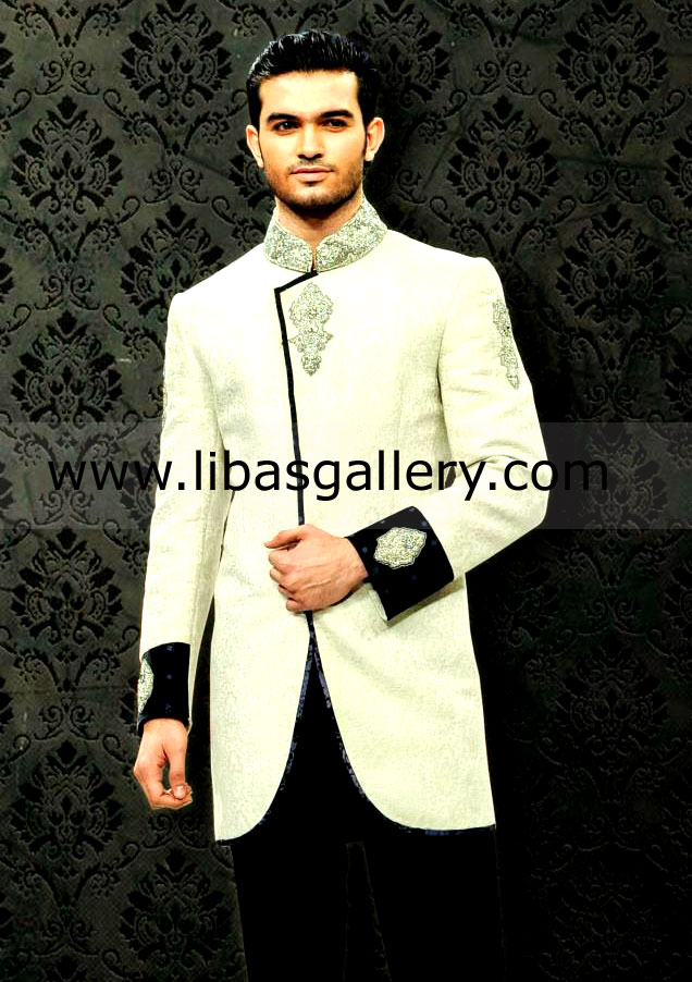indo western style angrakha wedding jacket for groom silver work on panel collar and black cuff Toronto Vancouver Canada