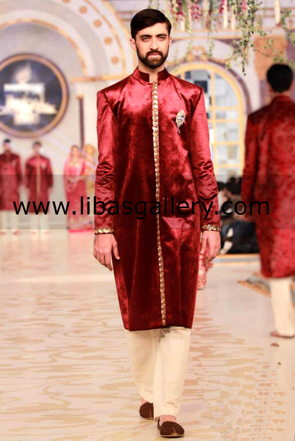 stylish wedding sherwani Aimal khan model showing off in fashion show for groom barat day Nashville Detroit USA