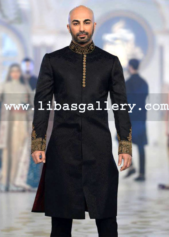 HSY brand Pakistani Wedding Sherwani black with Antique neat and clean hand work New Jersey Chicago USA HSY brand Pakistani Wedding Sherwani black with Antique neat and clean hand work New Jersey Chicago USA