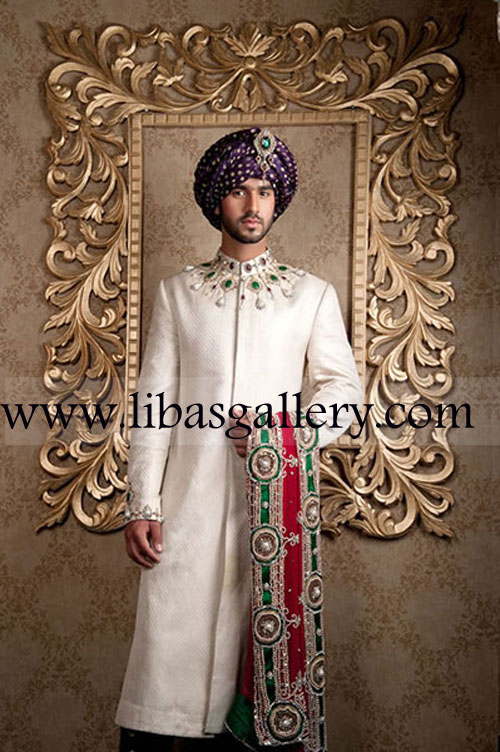 White Sherwani Swarovski and stones work Gold Embellishment Royal pre tied turban khussa UK USA Canada White Sherwani Swarovski and stones work Gold Embellishment Royal pre tied turban khussa UK USA Canada