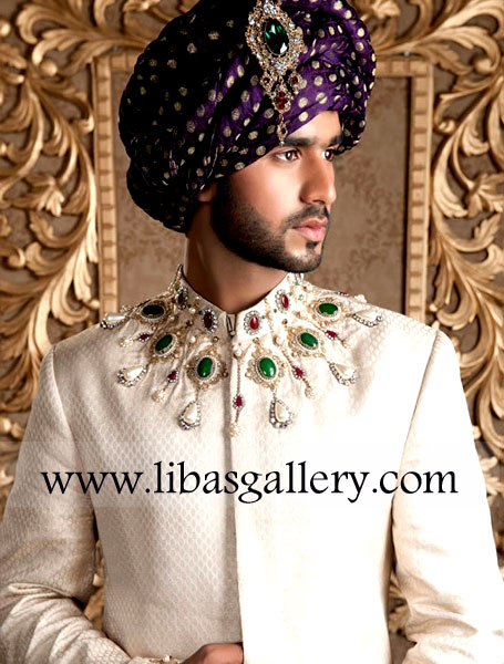 White Sherwani Swarovski Gold Embellishment
