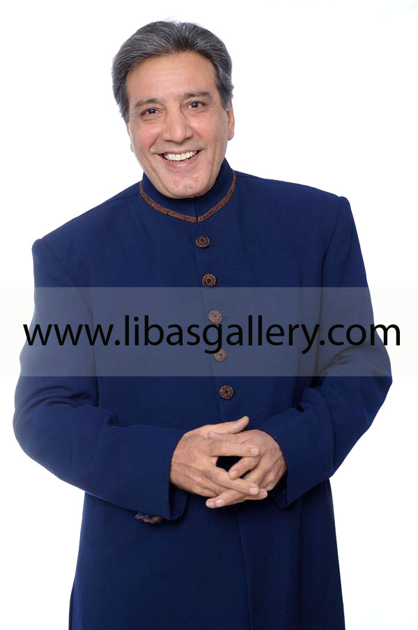 Pakistani Wedding Sherwani Collection in Black color with Dull Gold Embroidery on Collar and neckline UK,USA,Canada,Dubai,Australia,New Zealand