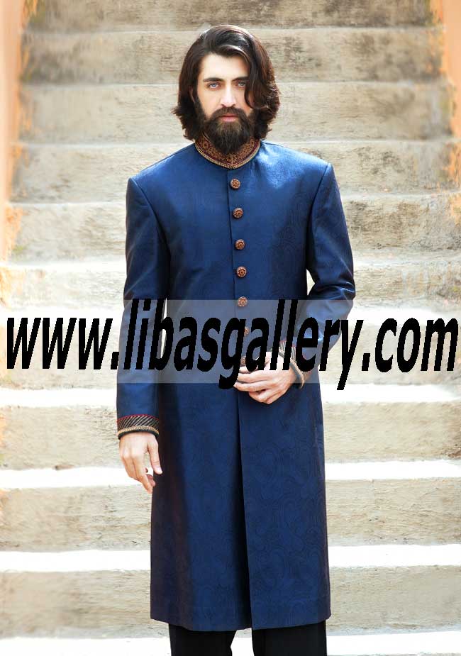 Buy Blue Straight Cut Men Sherwani Amir Adnan in Jamawar Hampton Virginia USA