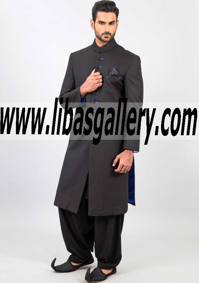 Black Cotton Sherwani for Wedding Style 489
