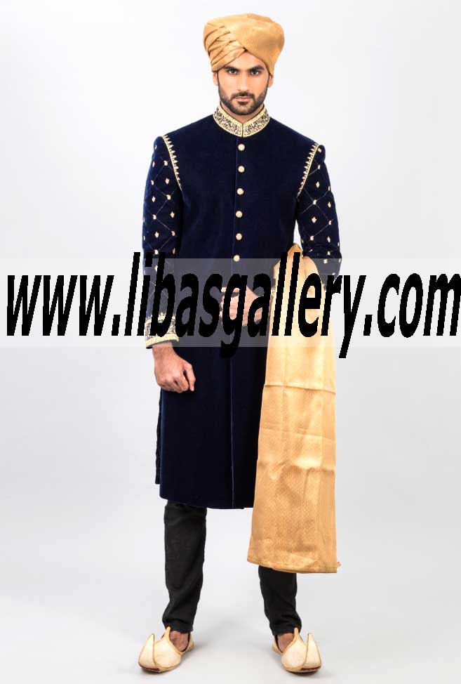 Blue Designer Sherwani for Wedding with gold hand embellishment