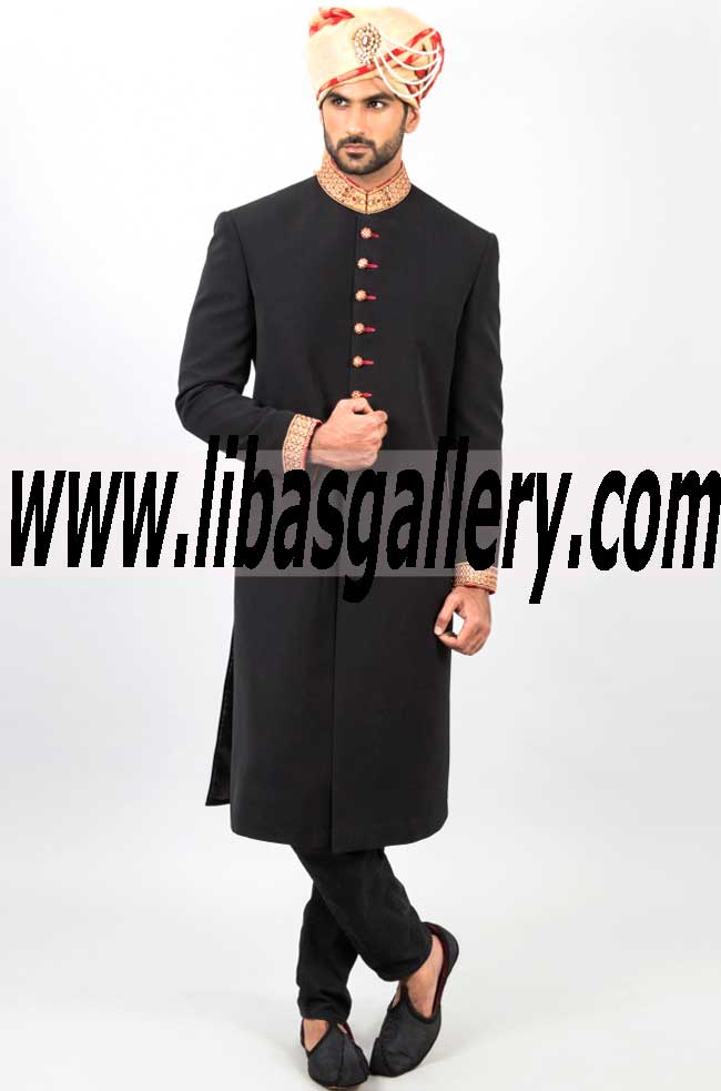 Amir Adnan Groom Sherwani in Suiting Fabric Black London Southhall Market UK Amir Adnan Groom Sherwani in Suiting Fabric Black London Southhall Market UK