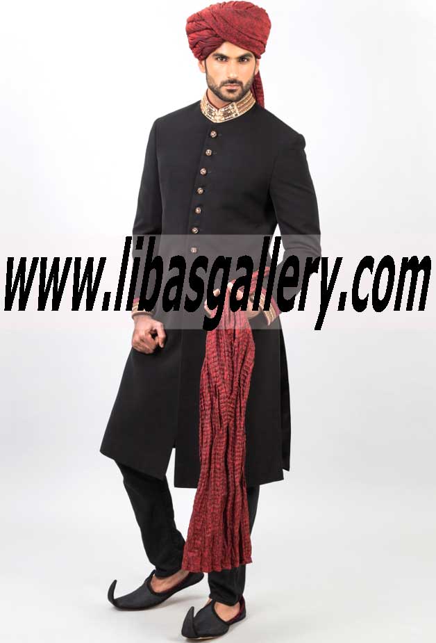 Enchanting Wedding Sherwani in Suiting Fabric Black Style 496