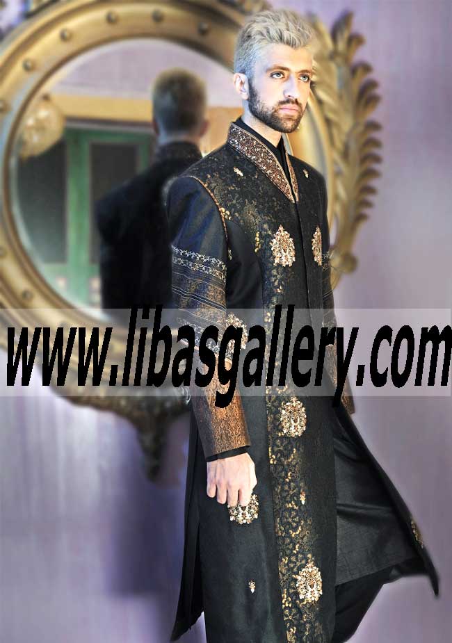 Jamawar Black Sherwani for Wedding Nikah Barat for men with inner California Chicago perth london UK