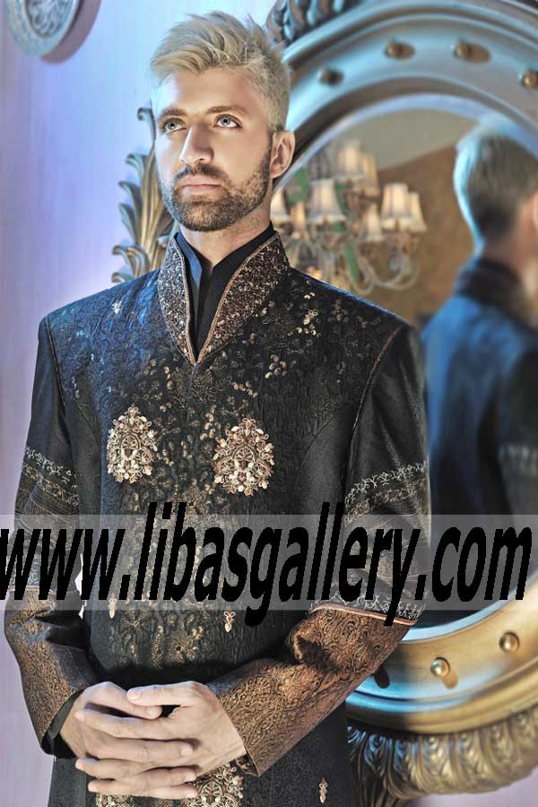Black Jamawar Sherwani for Groom Nikah Barat