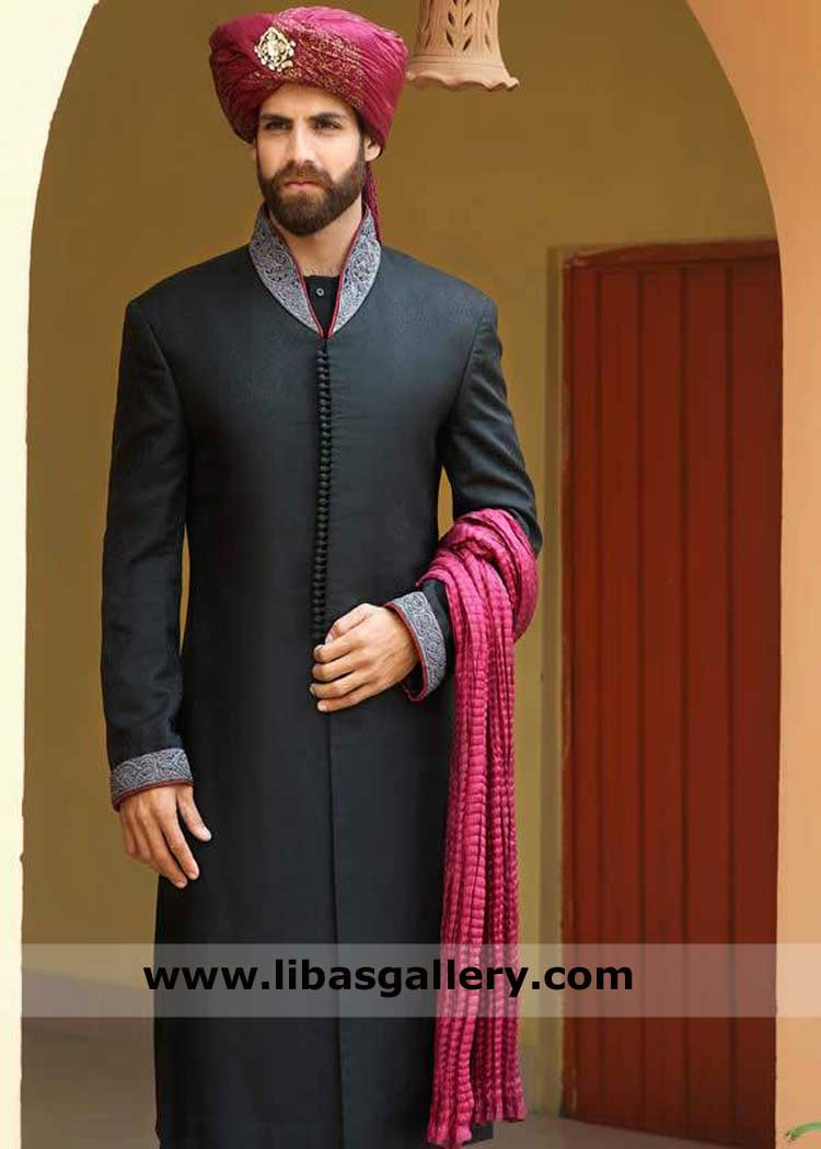Black Pakistani Groom Sherwani Suit with Turban Shawl and Shoes for Nikah Boston Massachusetts New York Dubai USA Black Pakistani Groom Sherwani Suit with Turban Shawl and Shoes for Nikah Boston Massachusetts New York Dubai USA