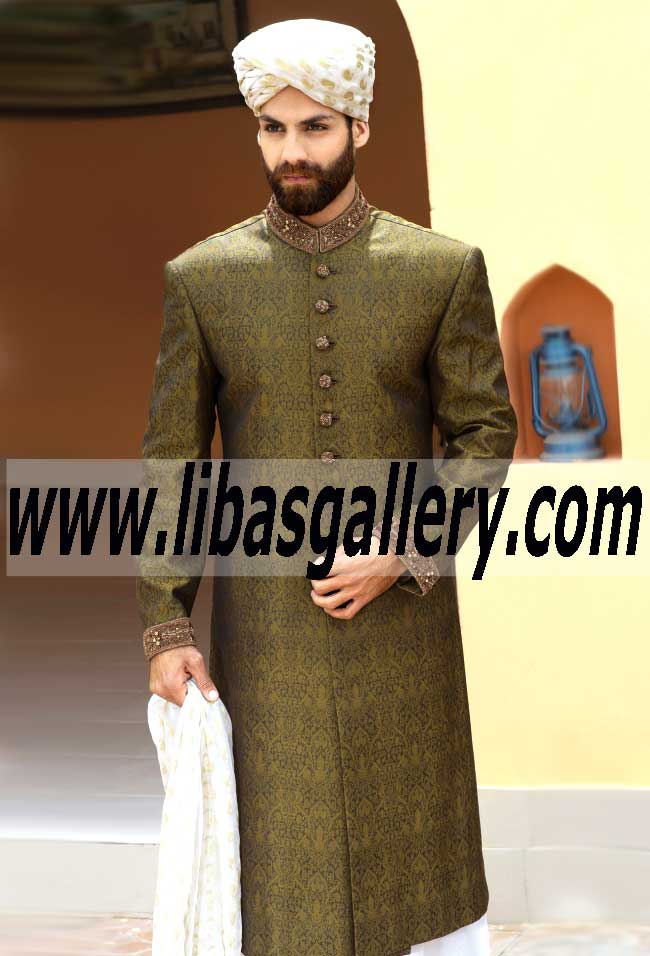 Brass Color Self Print jamawar Wedding Sherwani Style 515