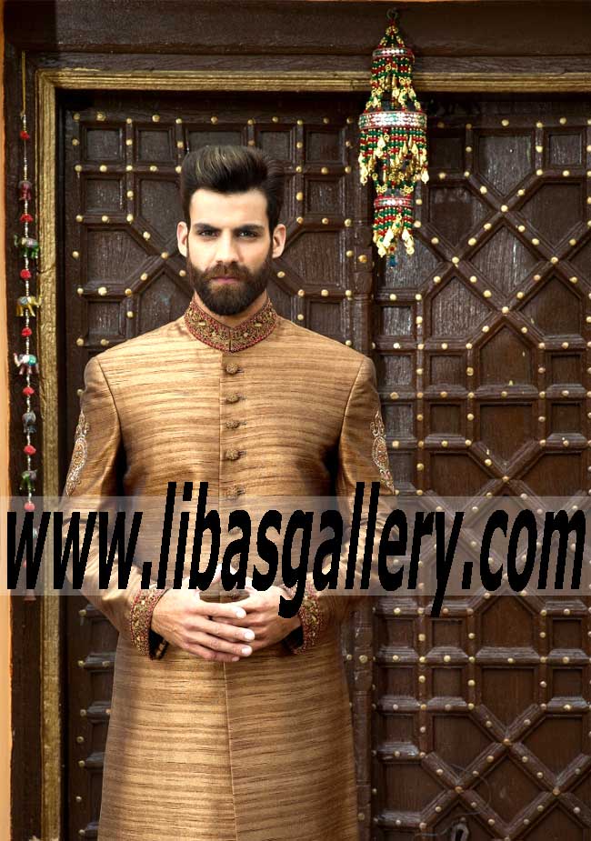 Amir Adnan Burly wood Sherwani Design buy Online Wedding Sherwani for groom Dubai UAE Amir Adnan Burly wood Sherwani Design buy Online Wedding Sherwani for groom Dubai UAE
