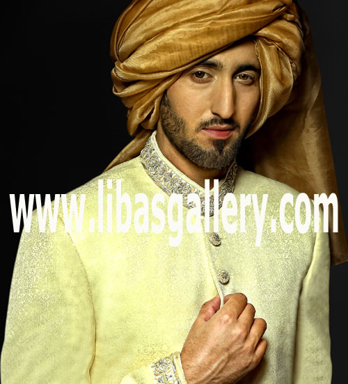 Pale Goldenrod Groom Jamawar Sherwani