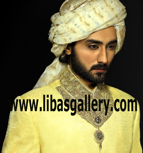 Pakistani Pastel Yellow Wedding Sherwani