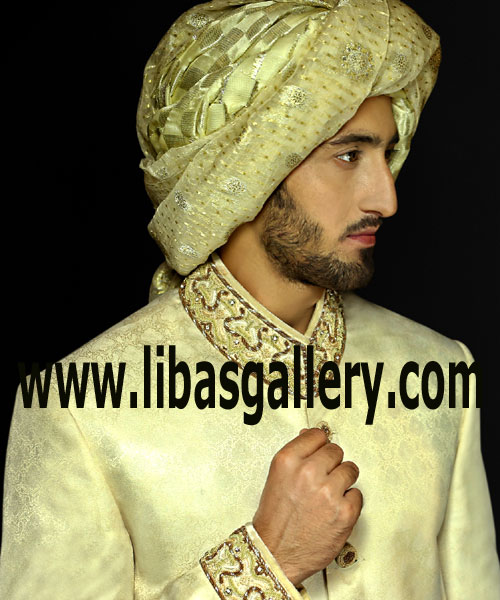 Polite Groom in Cream Sherwani