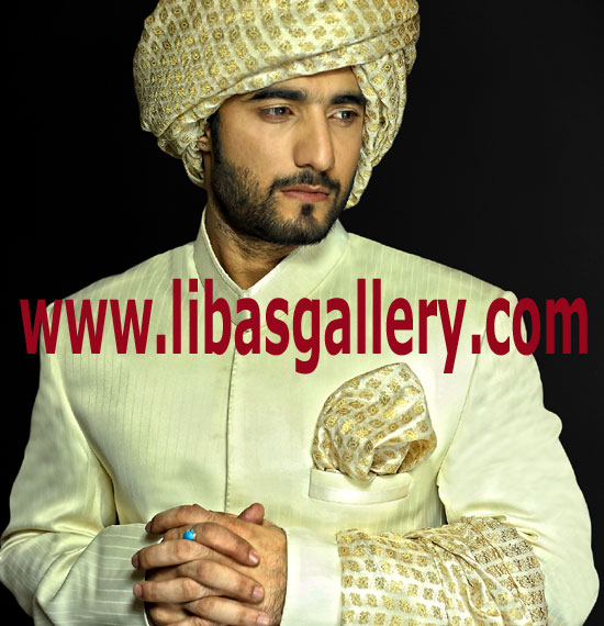 Cream Sherwani Suiting Fabric for Mehndi