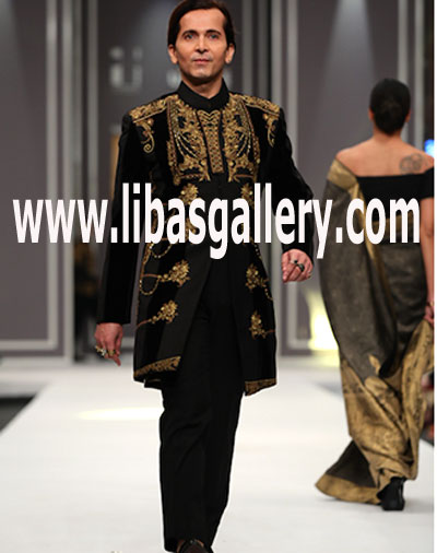 Gold Thread Work Sherwani coat for Groom in Long Short Style in Velvet UK,USA,Canada,Dubai,Oma