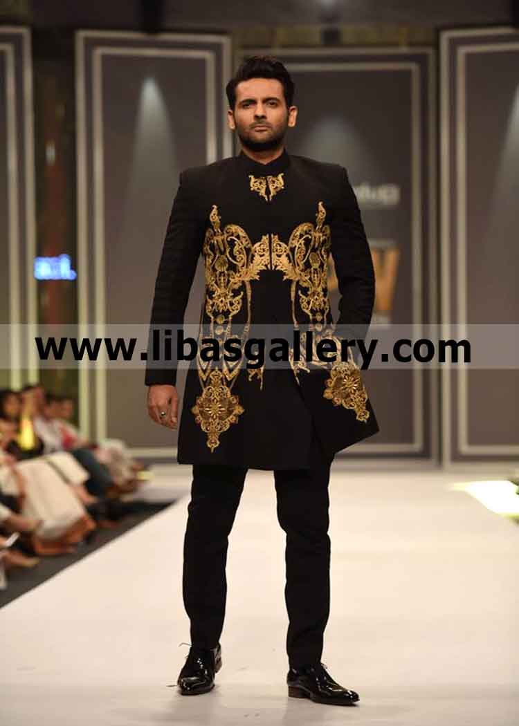 Black Golden Embroidered Sherwani African Daisy