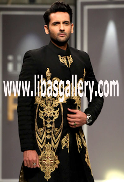 Black Golden Embroidered Sherwani African Daisy