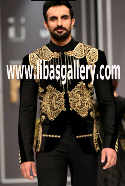Velvet and wool paneled Short jacket Sherwani Coat with gold thread embroidery and velvet pants for Groom UK,USA,Canada,Australia,Netherland