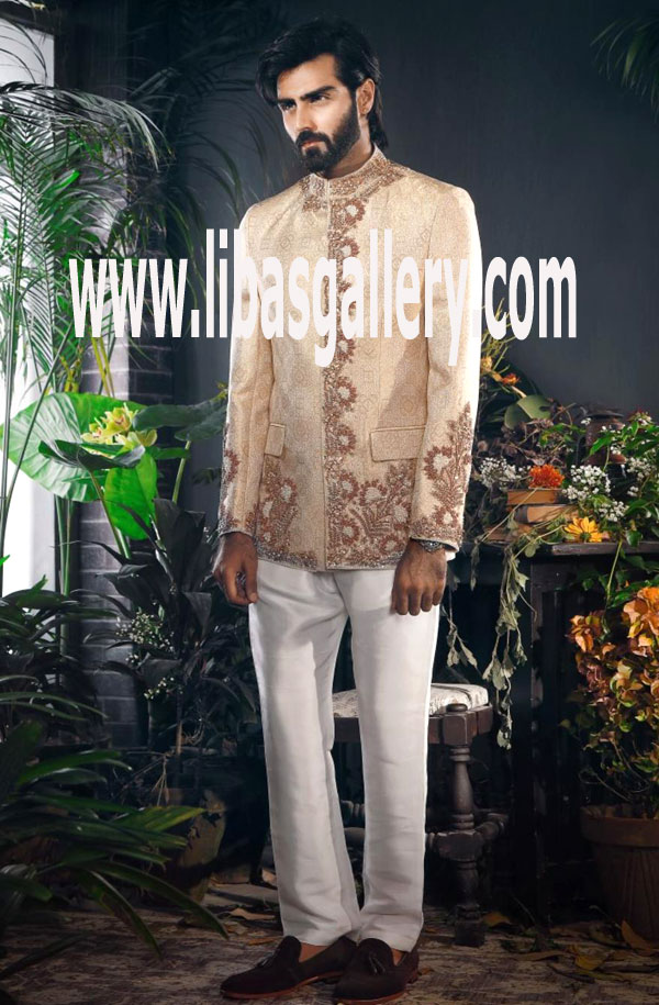 Indo Western Style Fawn Color Sherwani Design for Event and Wedding for Groom with pants Any Size New york USA Men Indo Western Style Fawn Color Sherwani Design for Event and Wedding for Groom with pants Any Size New york USA Men