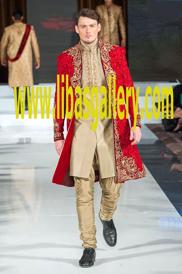 Traditional Red Color Sherwani Suit Embellished nicely with high quality material golden color with pants and inner kurta for Groom Wedding Day UK,USA,Canada,Saudi Arabia,Qatar Traditional Red Color Sherwani Suit Embellished nicely with high quality material golden color with pants and inner kurta for Groom Wedding Day UK,USA,Canada,Saudi Arabia,Qatar