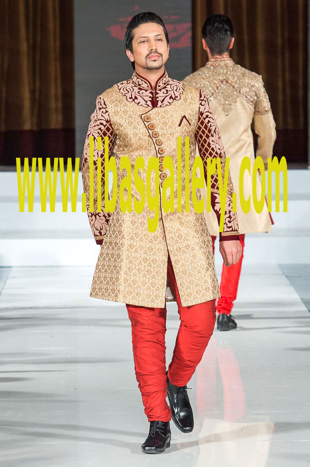 Angrakha Shape sherwani for Groom with Red pajama Trouser and Shoes walk on Ramp in Wedding Hall to show off personality to your Relatives UK,USA,Canada,Qatar,Australia,Oman Angrakha Shape sherwani for Groom with Red pajama Trouser and Shoes walk on Ramp in Wedding Hall to show off personality to your Relatives UK,USA,Canada,Qatar,Australia,Oman
