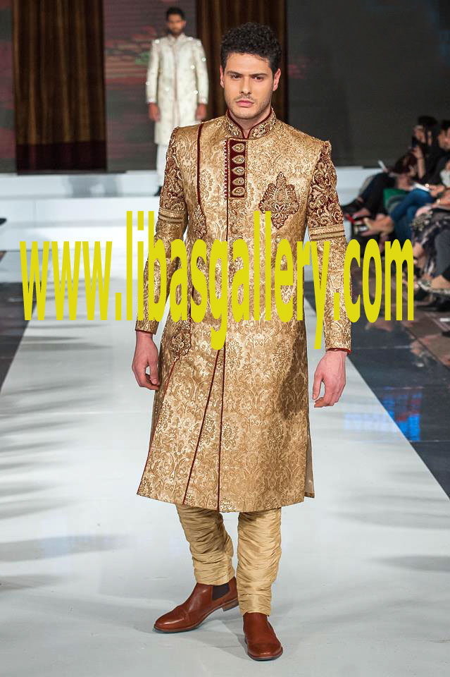 Golden Sherwani outfit for Young Groom Wedding Day Nikah Day Shadi day Work on Collar Sleeves and Front Motif Chicago USA United States of America Golden Sherwani outfit for Young Groom Wedding Day Nikah Day Shadi day Work on Collar Sleeves and Front Motif Chicago USA United States of America