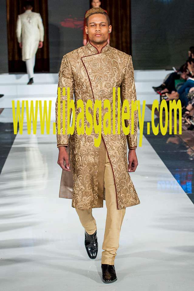 Angrakha Sherwani Collection 2017 Groom Mughal Emperor Style Sherwani Suit for Barat and Nikah Ceremony in Wedding Hall with Qazi Nikah Khawan registered Karachi Pakistan