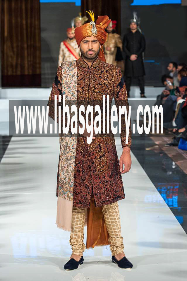Long Style Sherwani Suit for Groom with Jamawar Banarsi Fabric Silk pretied Turban with Brooch Bedfordshire Bedford UK