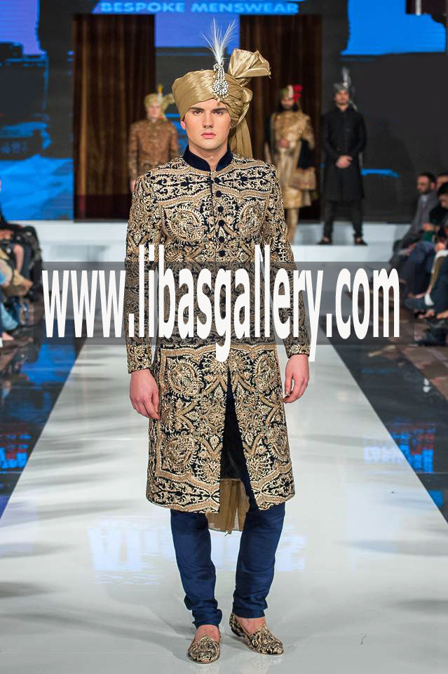 Blue Color Groom Sherwani for Shadi with pretied Golden Turban brooch Dulha ji on Ramp Cambridgeshire Cambridge UK