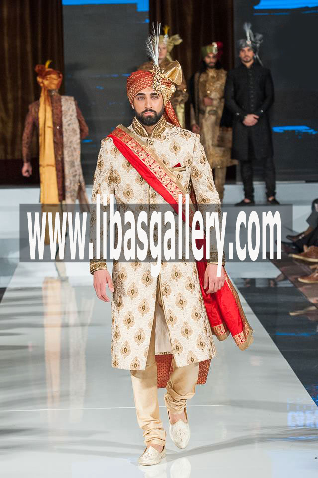 Off White Sherwani Suit 2017 Complete Set with Red Gold Turban brooch Groom Smiling on Wedding Day with Barat Cheshire Chester UK