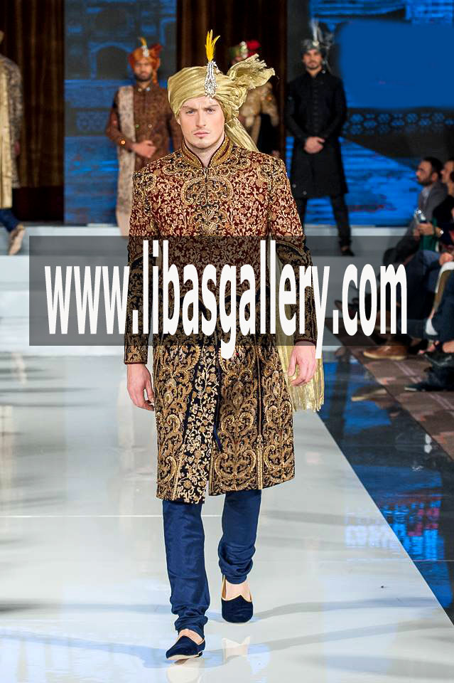 Twin Color Dark Blue and Maroon Sherwani Set 2017 with Golden Turban Brooch included with Blue Pajama pants Cornwall Truro UK