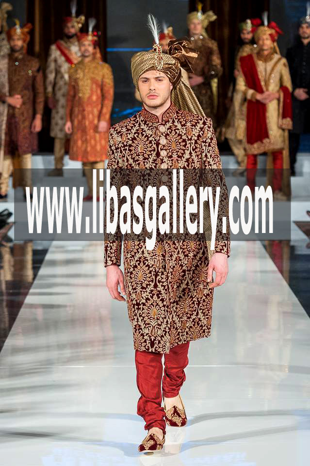 Maroon Color Sherwani outfit for Fair Skin Groom 2017 Pretied Turban Pagri Gold and Maroon with Maroon Churidar pajama Cumberland Carlisle UK