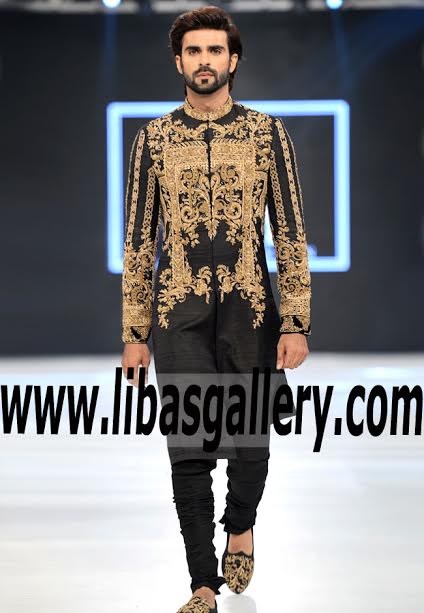 Sherwani kingdom collection 2017 for men in black color all over front work golden color shop online studio by TCS Pakistan Men Sherwani kingdom collection 2017 for men in black color all over front work golden color shop online studio by TCS Pakistan Men